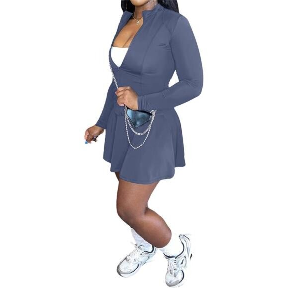 Two Piece Tennis Skirt Sets for Women Grey - Picture 1 of 5